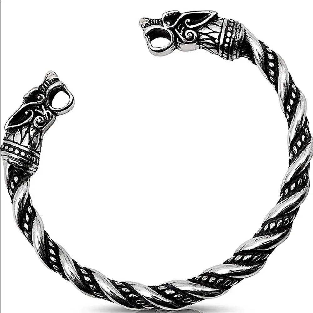 STERLING SILVER VIKING WOLF BRACELET SILVER ARM BAND CUFF BANGLE